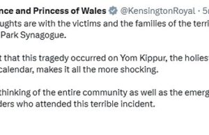Kate e William enviam seus pensamentos às vítimas e famílias após ataques de sinagoga ‘terríveis e chocantes’, enquanto agradecem aos atendentes de emergência