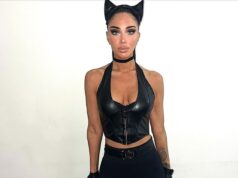 Tulisa acelera o pulso ao vestir uma fantasia sexy de gato de couro para o Halloween depois de encontrar o amor com o bilionário magnata da cannabis