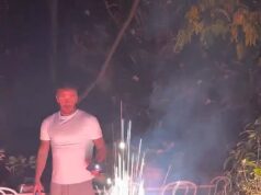 Sir David Beckham corre para se proteger enquanto fogos de artifício explodem na sua frente enquanto Victoria avisa ‘cuidado!’