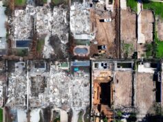 Uma comparação aérea do incêndio em Palisades cerca de 1 ano depois