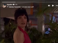 Lily Allen veste um vestido justo para as celebrações da véspera de Ano Novo antes de vestir o pijama e tirar selfies comemorativas na cama