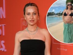 Jennifer Meyer, ex de Tobey Maguire, embala a barriga do bebê em foto de biquíni