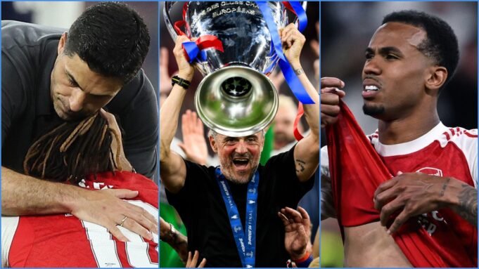 Mikel-Arteta-Eberechi-Eze-and-Gabriel-of-Arsenal-with-Luis-Enrique-and-the-Champions-League-trophy.jpg